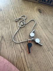 Vintage Lot Of 3 Dog Training Hunting Survival Whistles On Old Lanyard