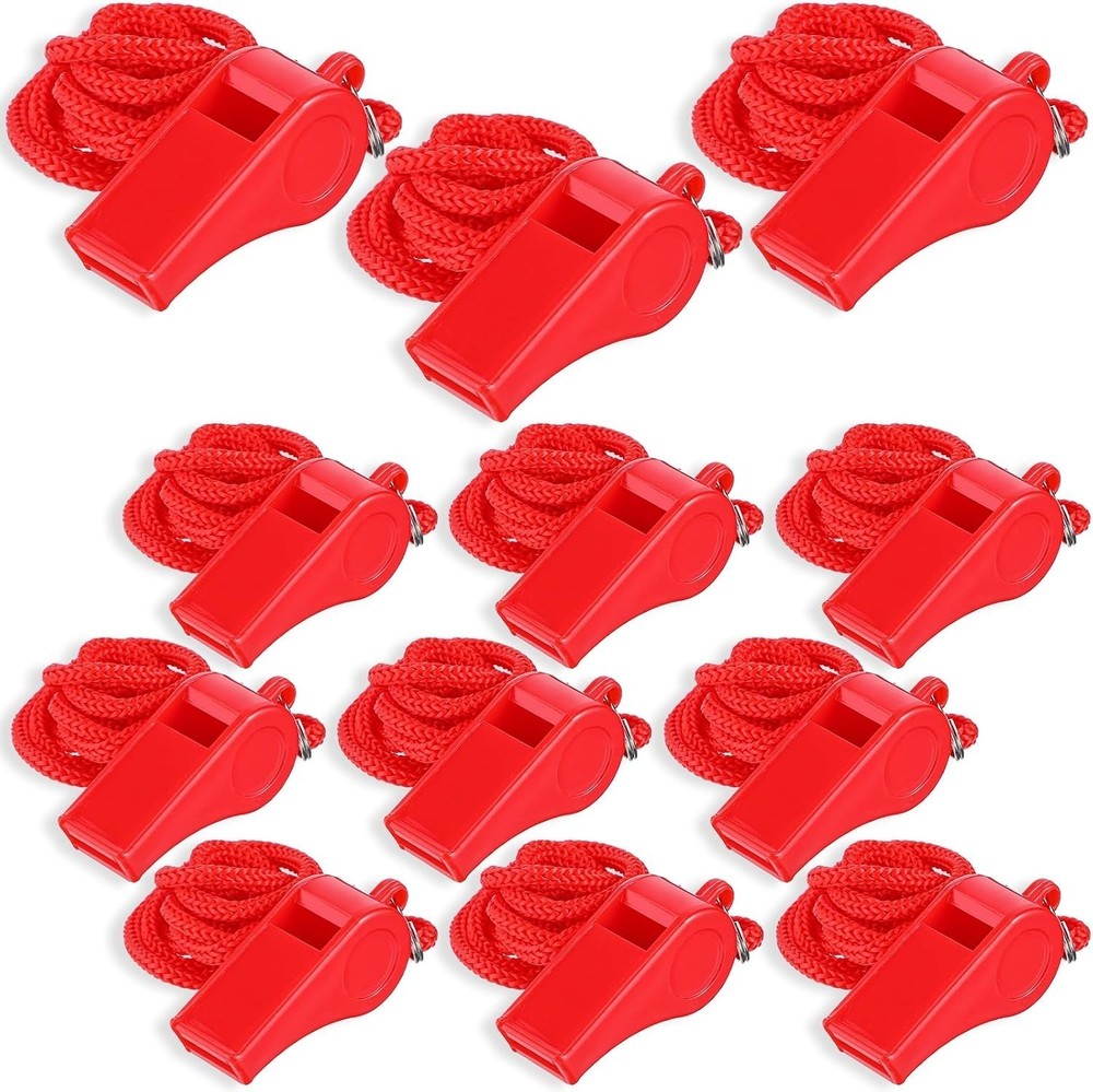 12PCS Red Emergency Whistles with Lanyard 120dB Whistles Multi-use Plastic
