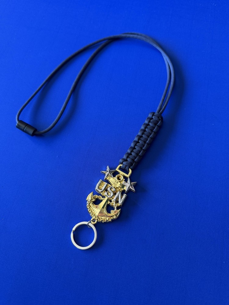 USN E9 MCPO Gold/Silver Anchor with Navy Blue Paracord Neck Lanyard