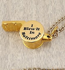 VINTAGE I BLEW IT IN BALTIMORE GOLD-TONE METAL WHISTLE & CHAIN MADE IN HONG KONG