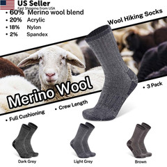 Busy Socks Mens Merino Wool Hiking Crew Large-X-Large, 3 Pairs Light Grey