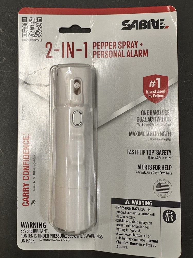 Sabre 2-in-1 Pepper Spray Flip Top White W/keyring UV Dye w/Built-in 130dB Alarm
