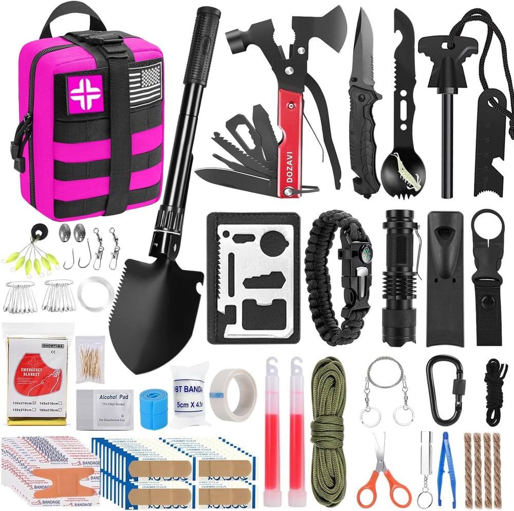 Survival Gear and Equipment with Molle Pouch, for Men Women Camping Pink