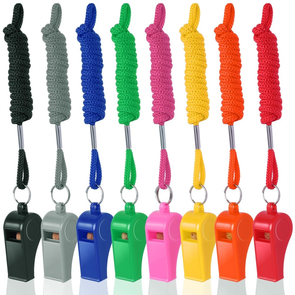 Seakii 8-Pack Colorful Plastic Whistles with Lanyards – 120dB Loud