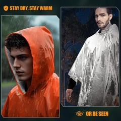 4 Pack Emergency Ponchos with Thickened Mylar Blanket Lining, Windproof, Waterpr