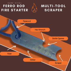 SUREVIVAL Ferro Rod Fire Starter w/ Multi Tool Striker and Paracord Lanyard