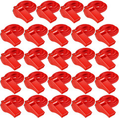 24 Pcs Whistles for Coaches Red Plastic Whistle with Lanyard Bulk Sports Loud Cr