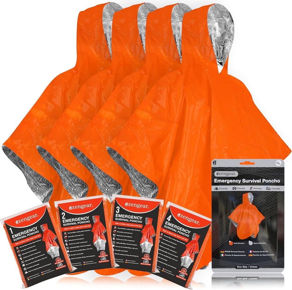 Emergency Survival Poncho (4pc) Thermal Mylar Foil Coating Blanket for Heat Rete