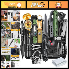 19-in-1 Survival Kit for Men, Emergency Gear, Camping Accessories, Fishing & Hun
