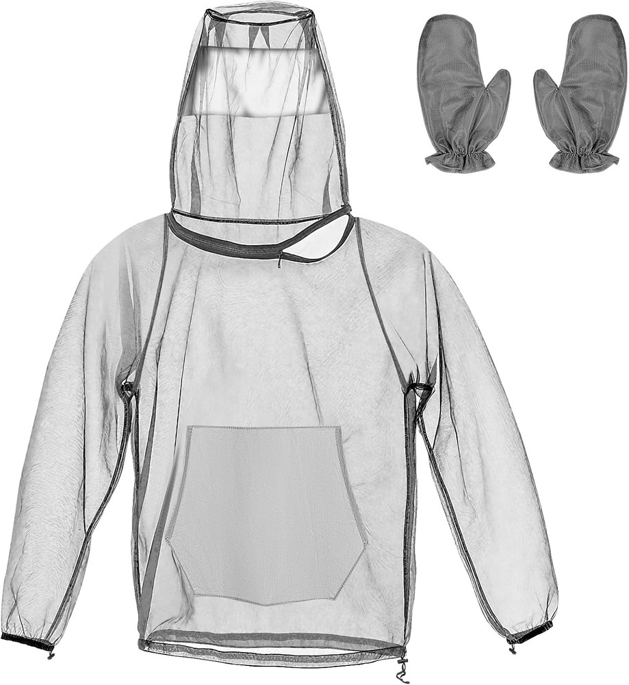 2 Pcs Mosquito Net Jacket with Hood & Gloves Breathable Mesh