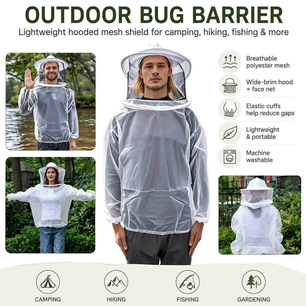 Mosquito Bug Net Hooded Jacket Full Body Mesh Insect Protection Camping Hiking