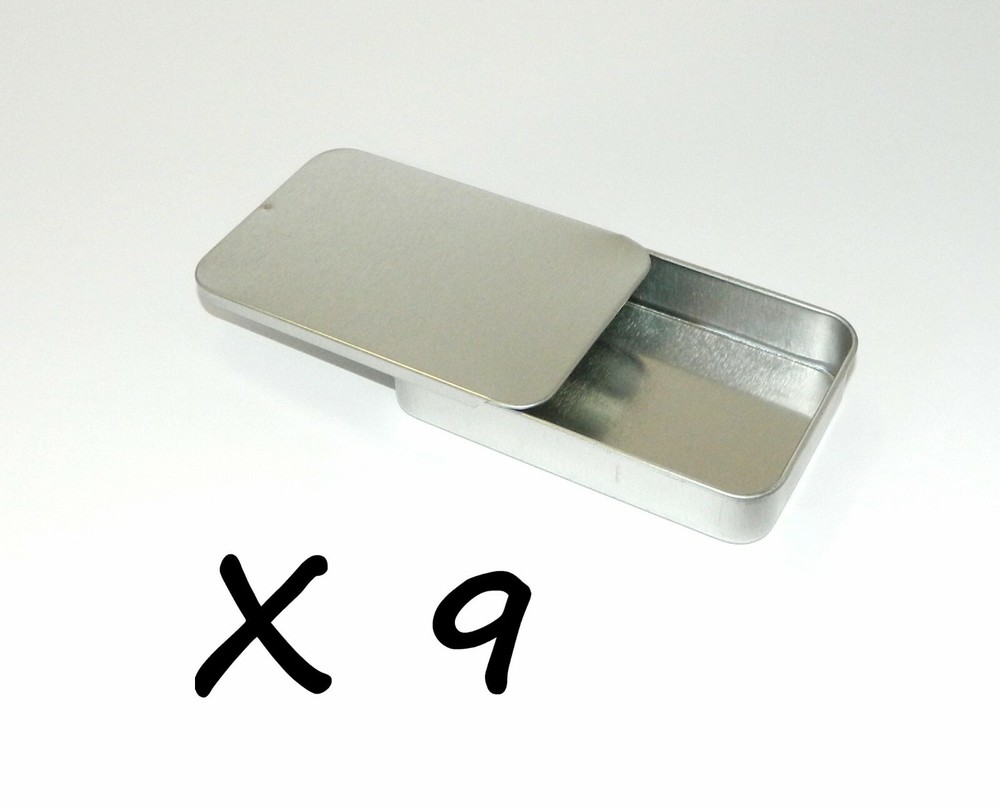3 3/8 x 2 1/8 x 5/8 in Shallow Rectangular Slide Top Lid Tin Box Container x 9