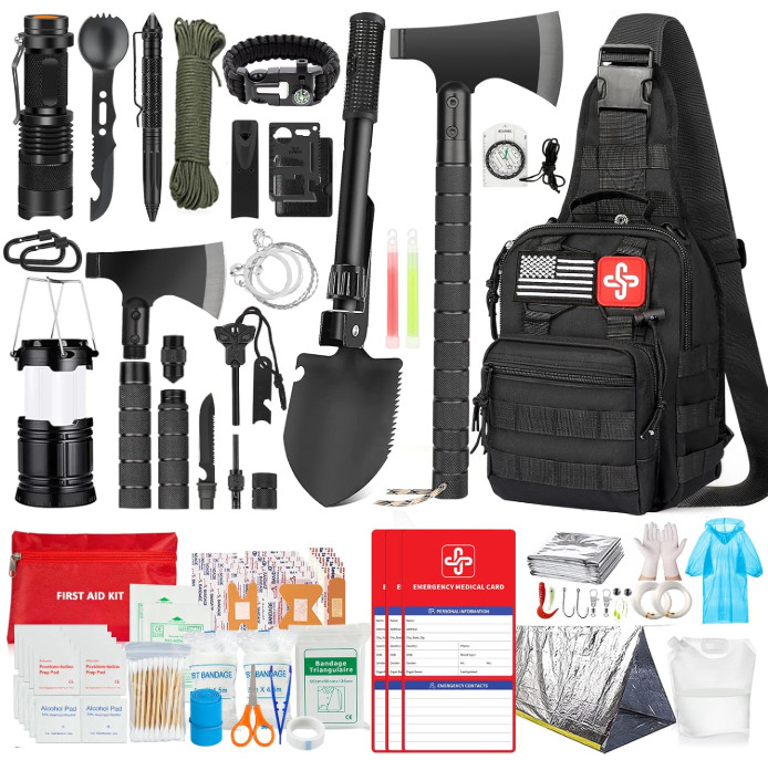 Survival Kit 262Pcs – Gear, First Aid, Tent, Axe, Shovel, Bug Out Bag for All