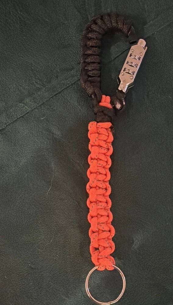 Orange/Black Paracord Keychain Lanyard w/ 3-Dial Combination Lock 12in 1-Pack