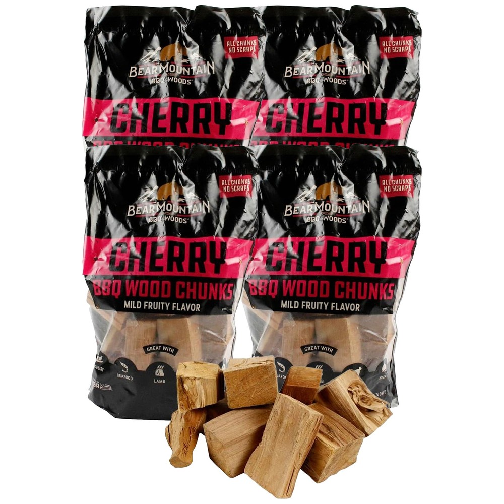 Bear Mountain BBQ Natural Cherry BBQ Wood Chunks for Grilling, 4lb Bag-Pack of 4