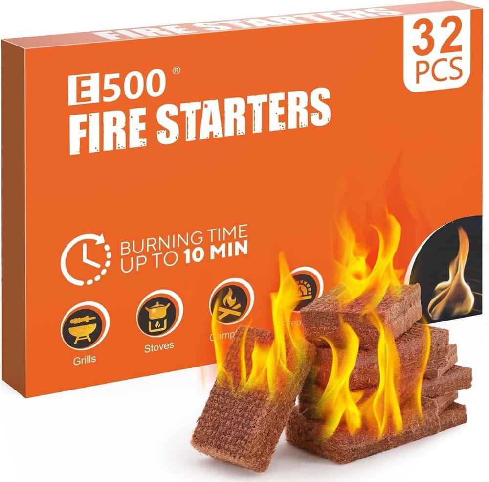 E500 Natural Fire Starters, 32 Cubes, Pine Firestarter for Campfire, BBQ