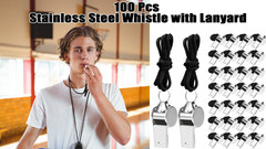 100 Pcs Loud Stainless Steel Whistles with Lanyards – Sports, Coaching, Referee