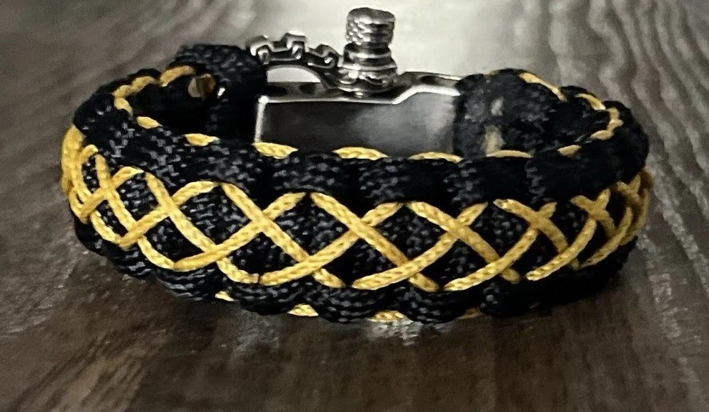 Paracord Bracelet Black w/Yellow Micro-cord Accents & a Shackle Buckle Sz 7-7.5”