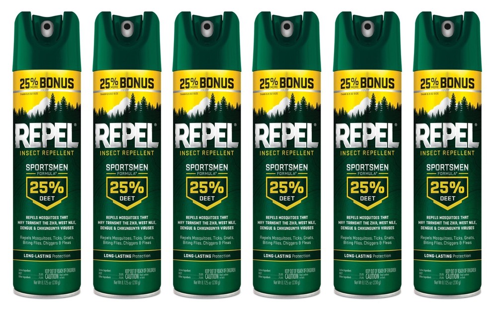 6 Cans Repel Insect Repellent Sportsmen Formula 25% DEET Aerosol Size 8.125 oz