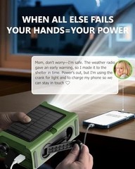 Emergency Weather Radio with Large Solar Panel, Efficient Hand Crank Army Green