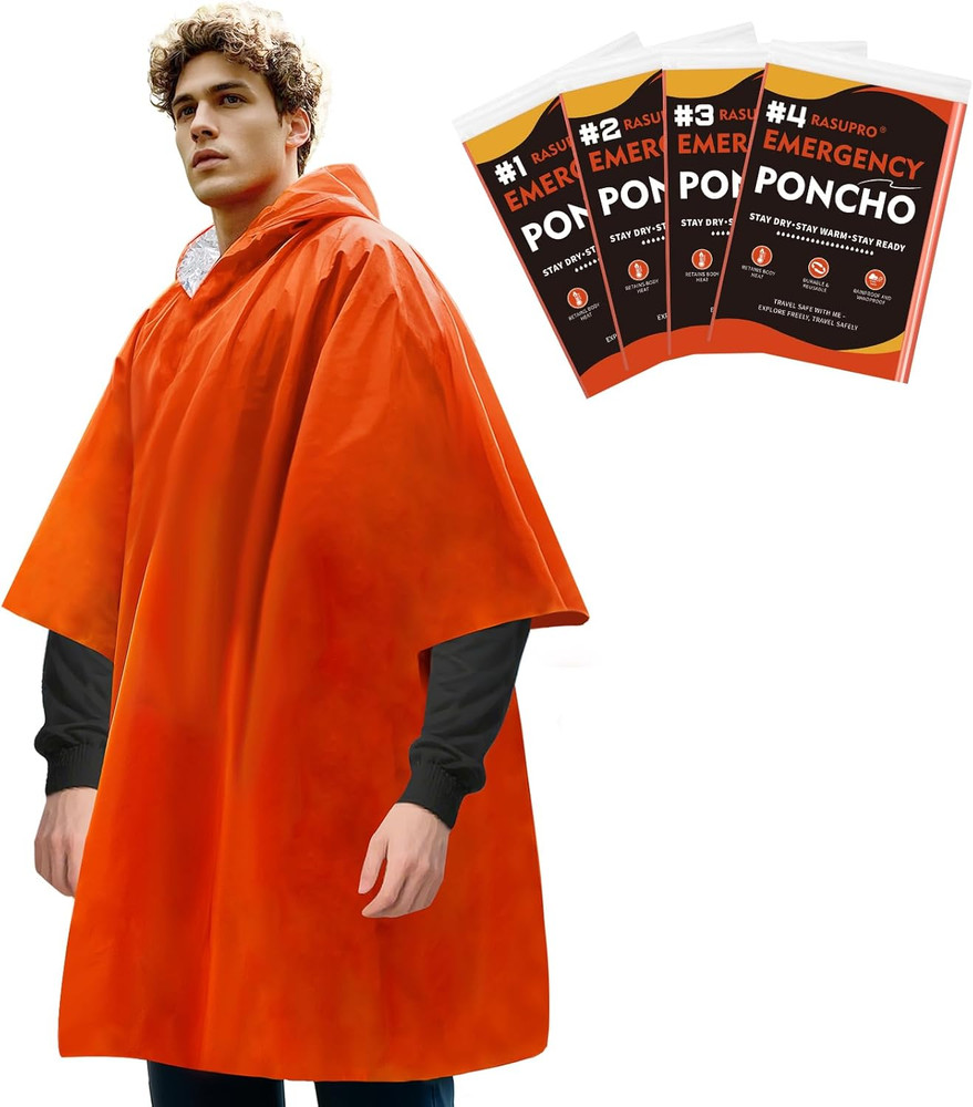 4 Pack Emergency Ponchos with Thickened Mylar Blanket Lining, Windproof, Waterpr
