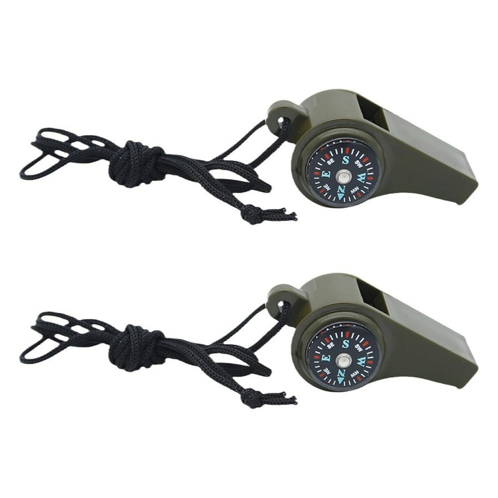 2 Pack Hiking Tool 3-In-1 Whistle Compass Thermometer Survival Gear with Lanyard