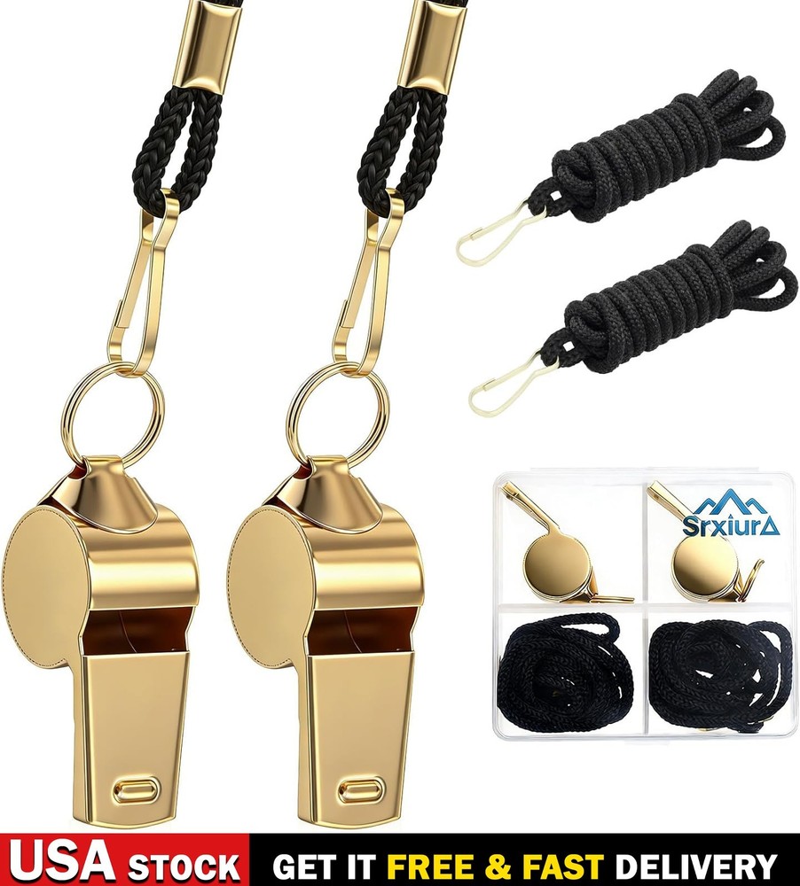 2 Pack Stainless Steel Sport Whistles with Lanyard Coach Referee Outdoor Whistle