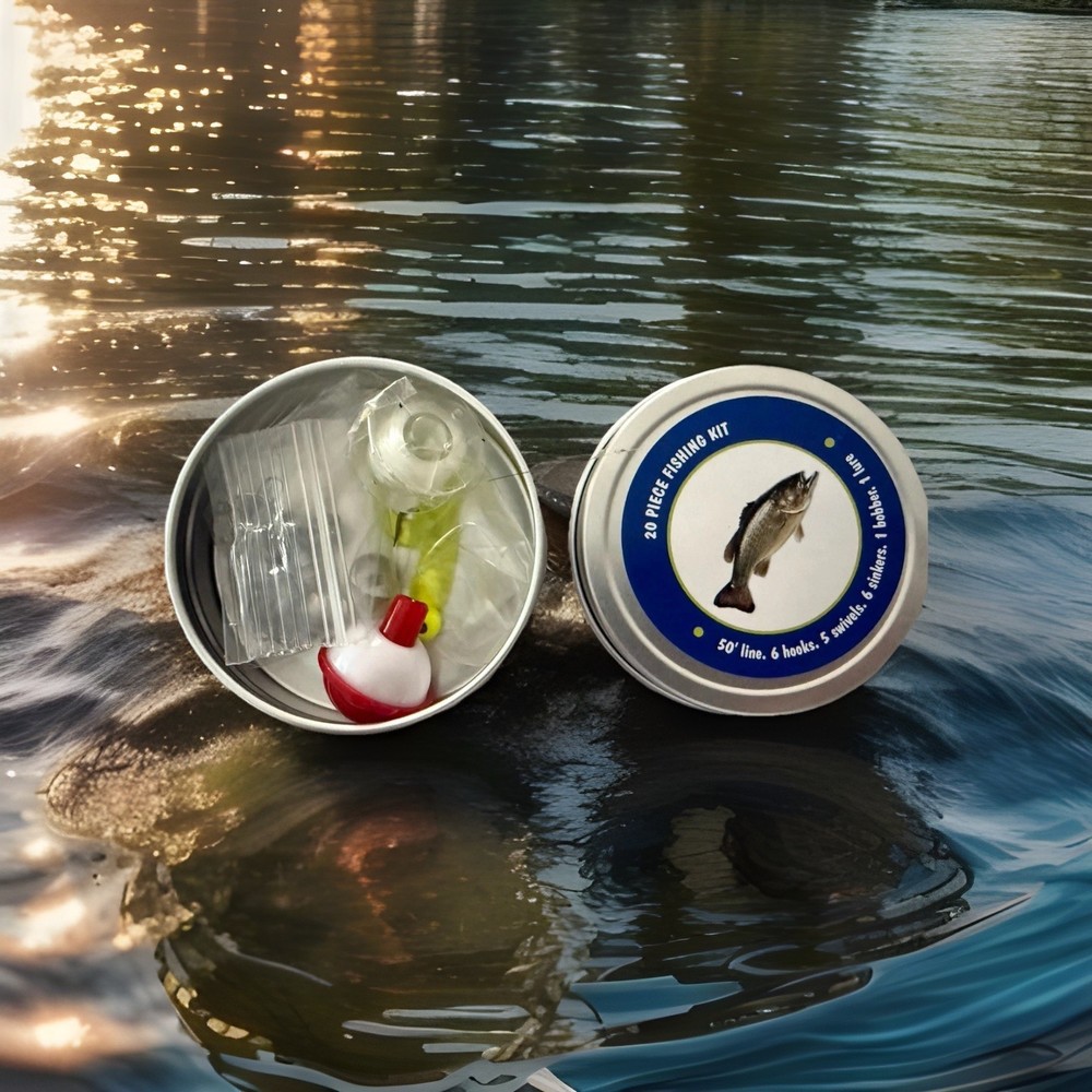 20 Piece EMERGENCY FISHING KIT 2.5” Tin w/ I ❤️fishing Oval Decal