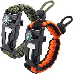 Survival Paracord Bracelet 2 Pack Flint Fire Starter Compass Whistle Black Green