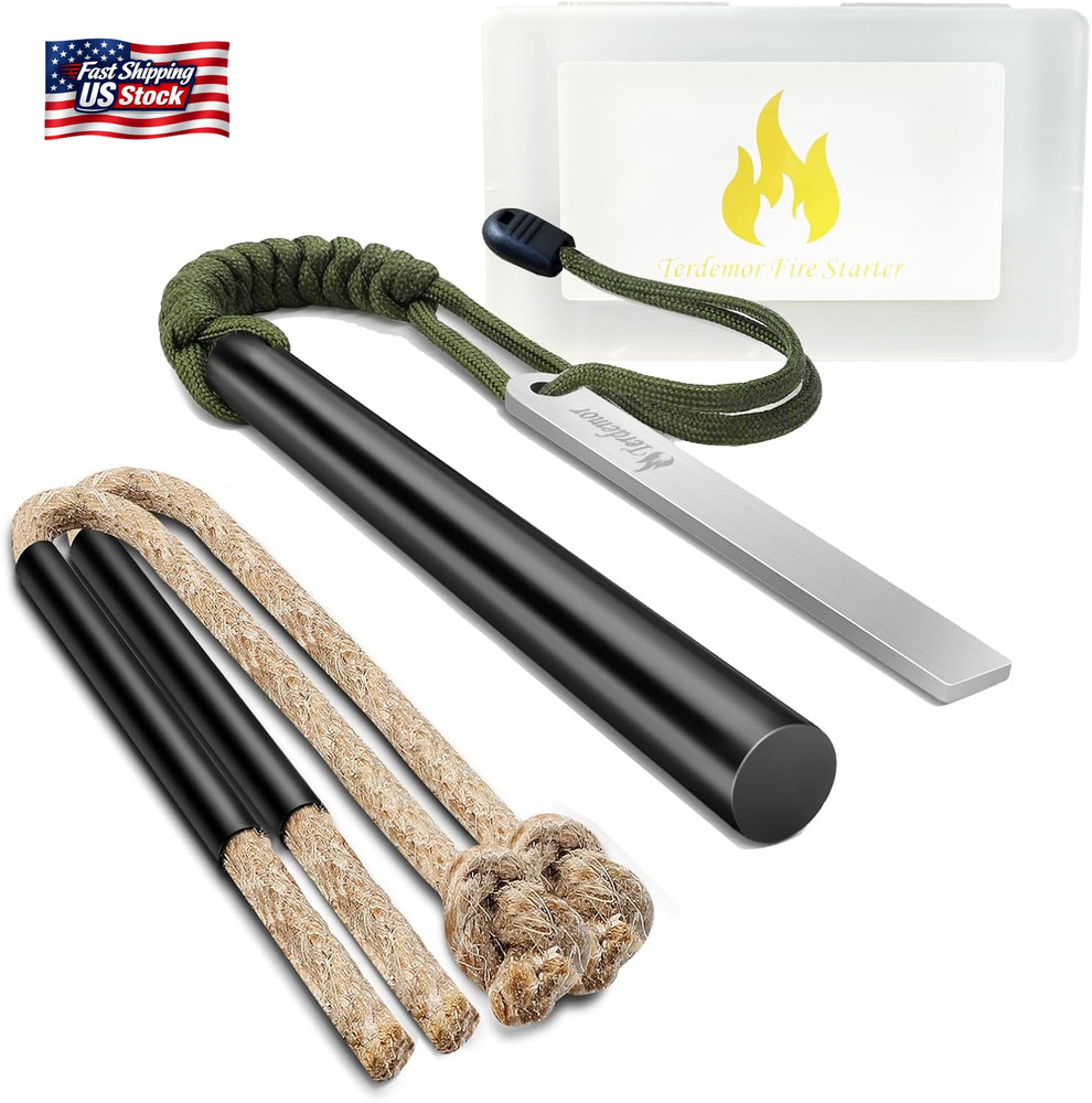 Ferro Rod Fire Starter Kit – 5″ Flint and Steel with Two Waxed Tinder Cord & Par