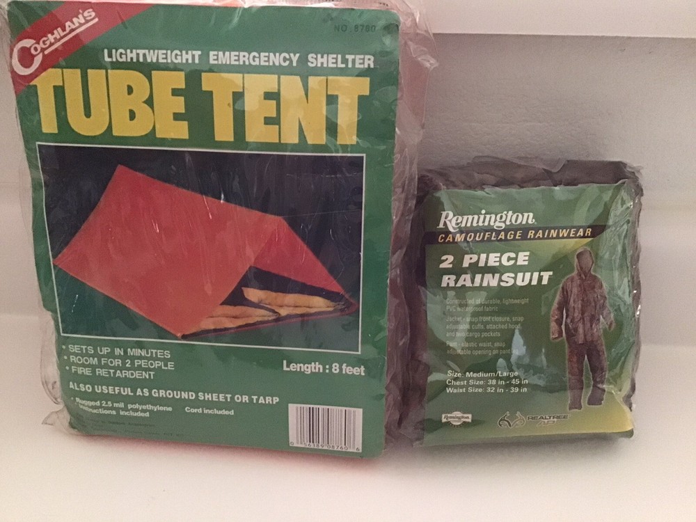Remington New Camouflage 2 PC rainwear Med/Large & Coghlan’s Tube Tent 8ft, new