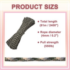 Paracord rope 550lb 60m, for tent 4mm camouflage forest camping rope