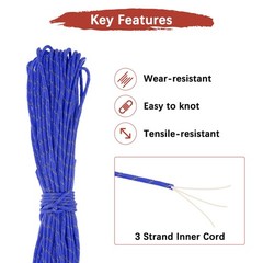 1PCS 2 mm 66FT Reflective Guyline Camping Paracord 3 Strands, Sapphire Blue
