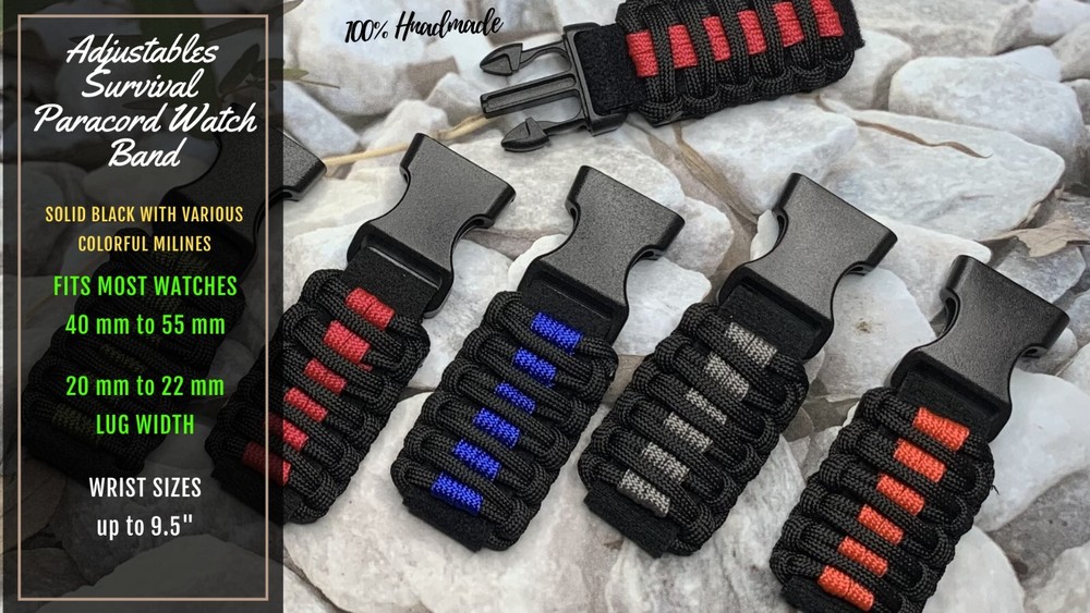20 22 mm Black Colorful Lines Adjustable Survival Paracord Watch Band
