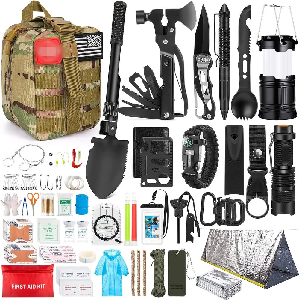 Camo Brown, Outdoor Survival Kit,Camping Gear First Aid with Molle System Bag