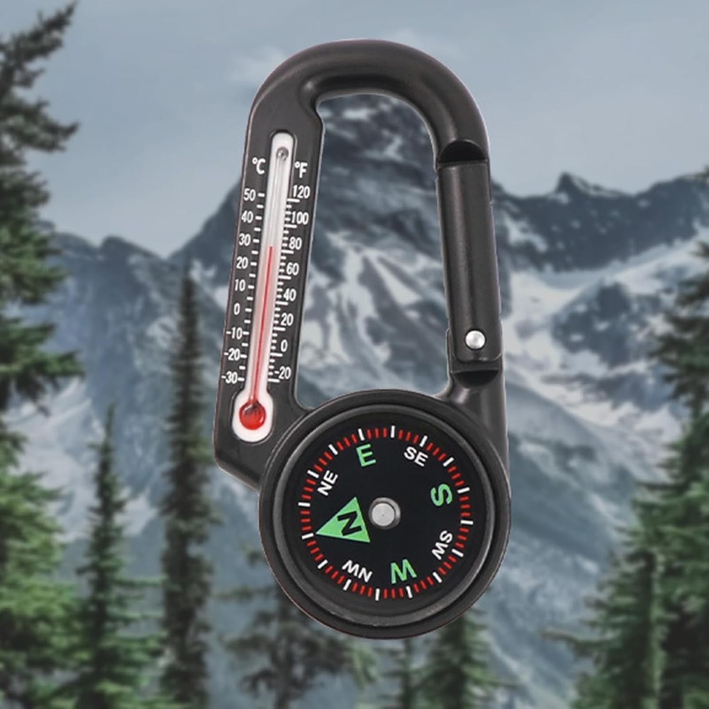 Mini Carabiner Compass Thermometer Keychain – Outdoor Gift for Hikers & Campers