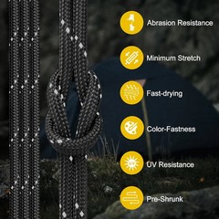 Reflective Paracord Rope 850Ib, Black 100FT, Parachute Cord for Tent Camping Hik