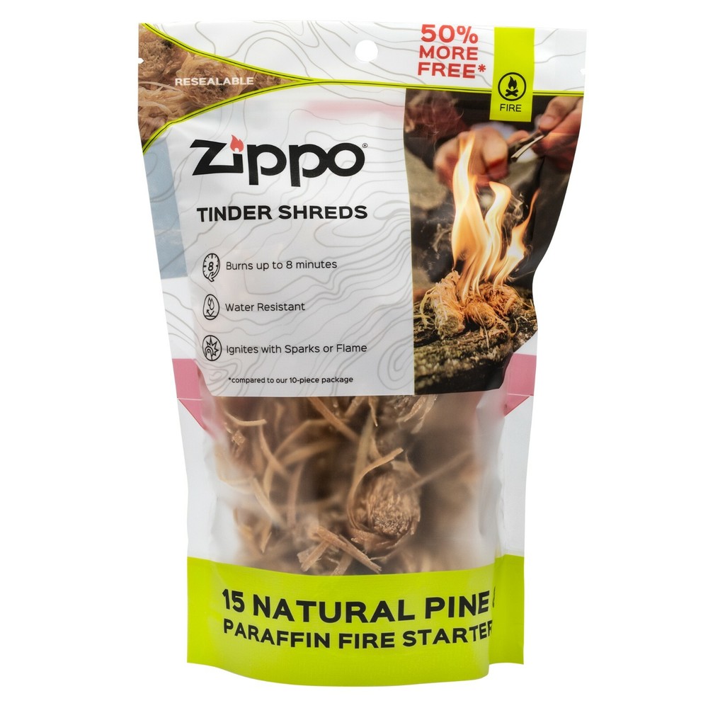 GENUINE ZIPPO TINDER SHREDS 15 NATURAL PINE & PARAFFIN FIRE STARTERS / BRAND NEW