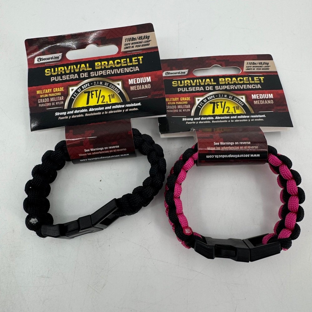 SecureLine Survival Bracelet 2 Pack Paracord Military Grade Black Pink Medium