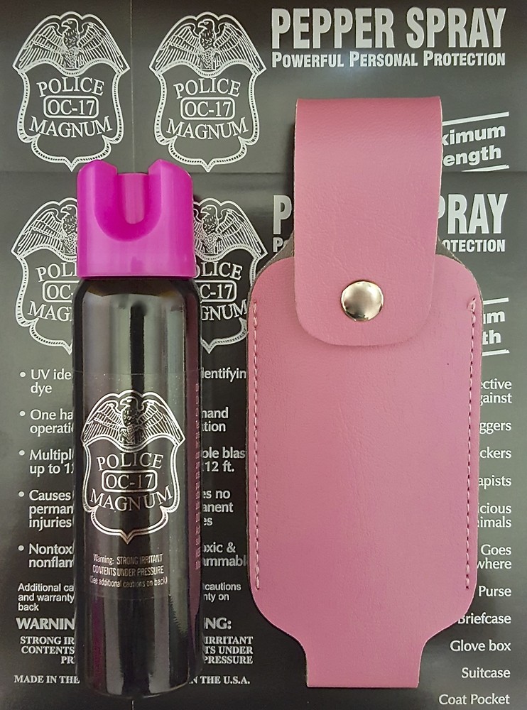 Police Magnum pepper spray 4 ounce Hot Pink Safety Lock pink holster CLOSEOUT