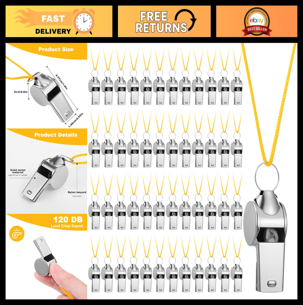 48PCS Stainless Steel Whistles with Gold Lanyard – Loud Crisp Sound for Coaches,