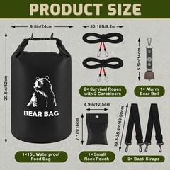 15L Bear Bags for Food Backpacking, Waterproof Bear Bag Hanging Kit, Black