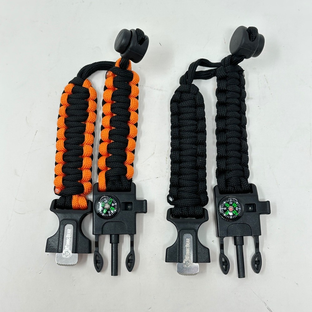 Atomic Bear Paracord Cobra Survival Bracelet 2pk Compass Fire Starter Black Org