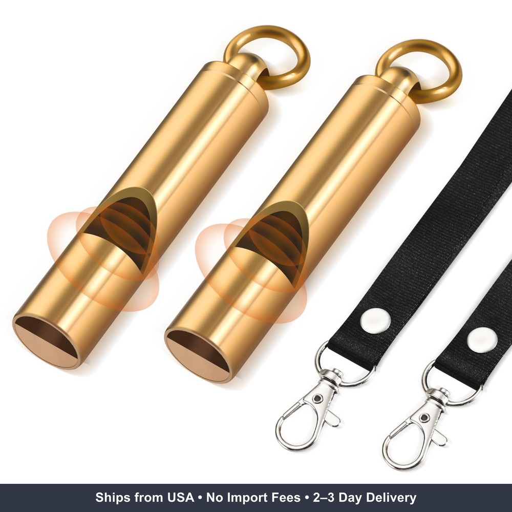 Brass Emergency Whistles 2 Pack with Tangle-Free Lanyard – Pealess Safety Whistl
