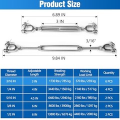 6 PCS M5 Turnbuckle 3/16″ 304 Stainless Steel Jaw and Jaw 3/16″-6 Pack Silver