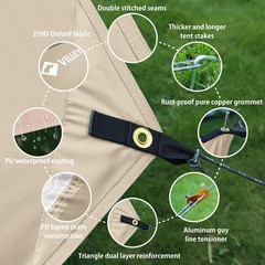 VILLEY Hammock Tent Rain Fly, Octagonal Waterproof Camping 10 x11.5FT, Khaki