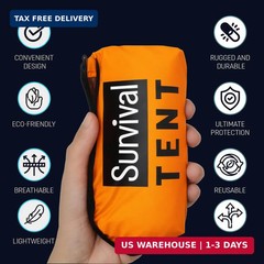 Emergency 2-Person Orange & Gray Survival Tent with Whistle & Paracord, Storm &
