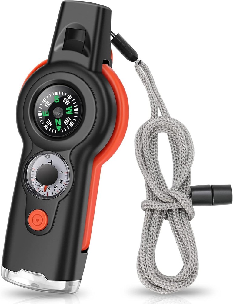 7-in-1 Emergency Survival Function Whistle, Outdoor Handheld, Black+Orange