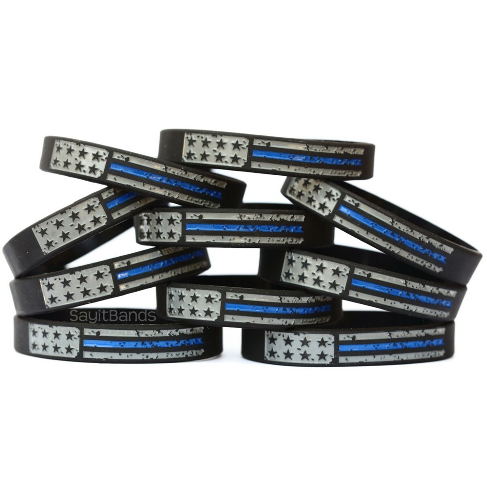 XL Worn Distressed USA Flag Thin Blue line Wristband Set – Extra Large Size