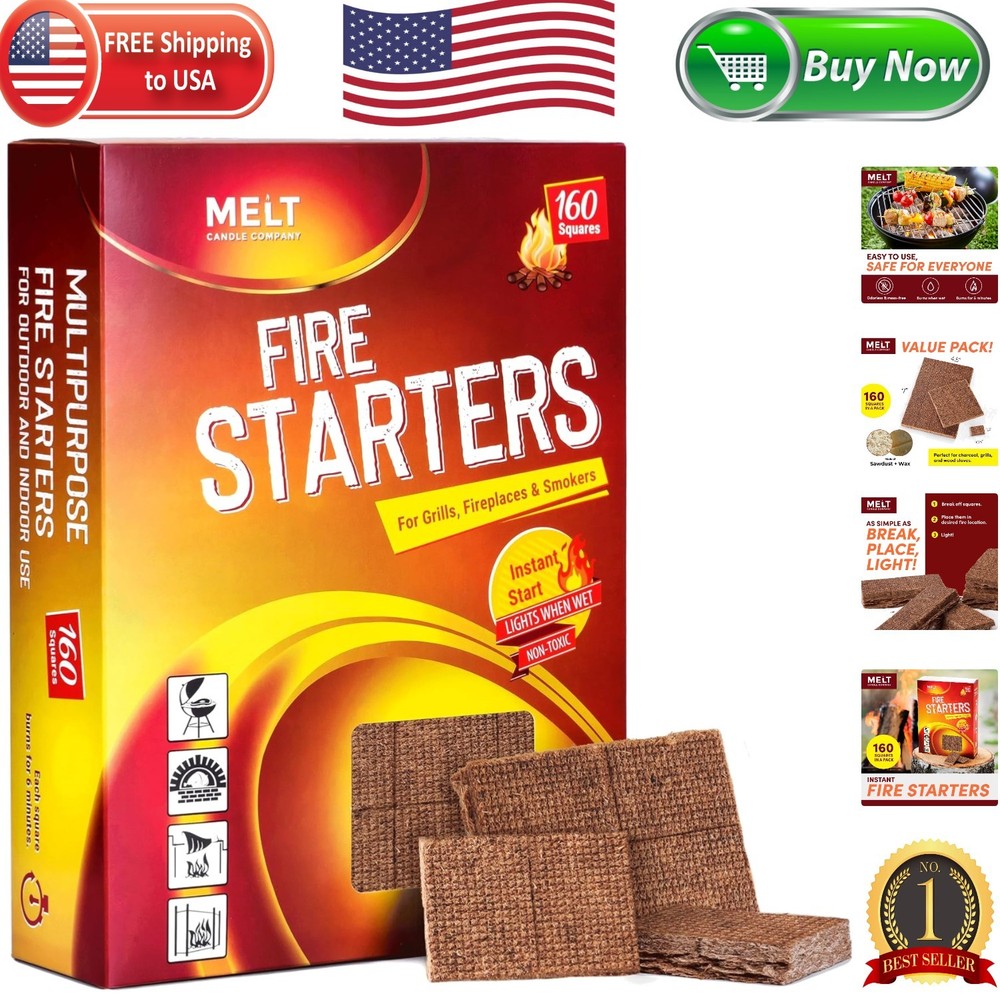 Essential Fire Starter Kit – 160 Odorless Squares for Campfires, Grilling & More